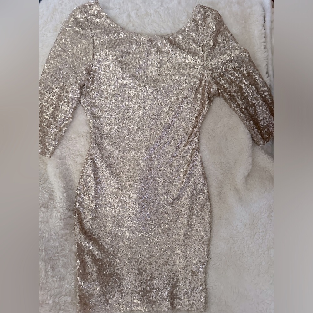 Ruby Rox champagne body con long sleeve cocktail dress